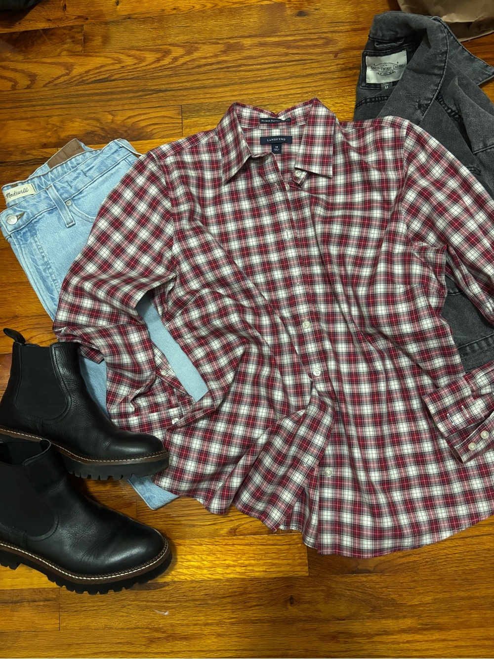 NWOT Lands End Red Plaid Button Down